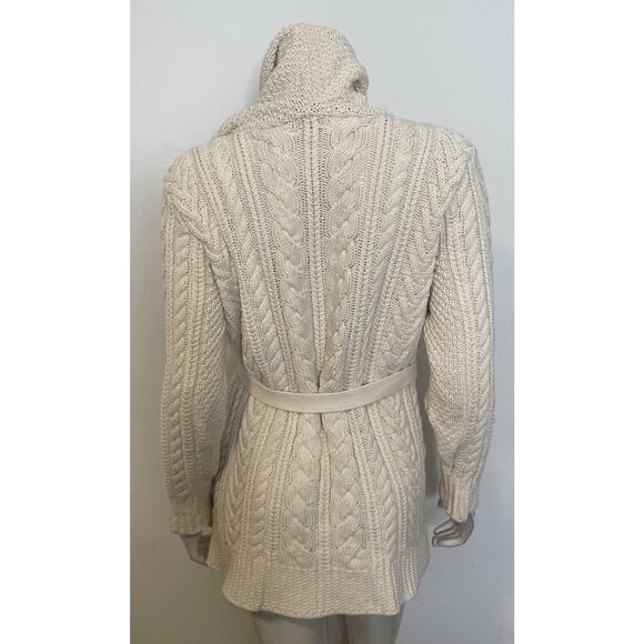 LL Bean Ivory Cotton Belted Cardigan Womens M LS Pockets Hood - Picture 5 of 9